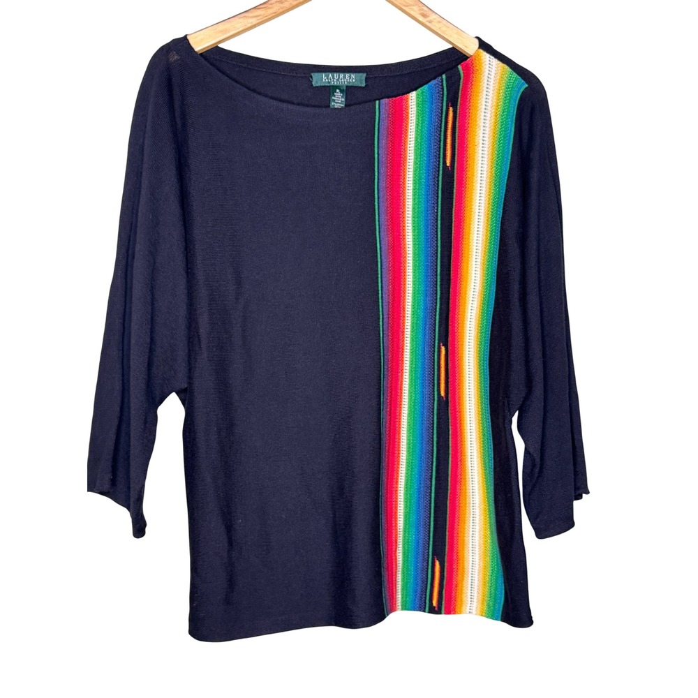 Lauren Ralph Lauren Petite Black Rainbow Stripe Boat Neck Dolman Sweater PL